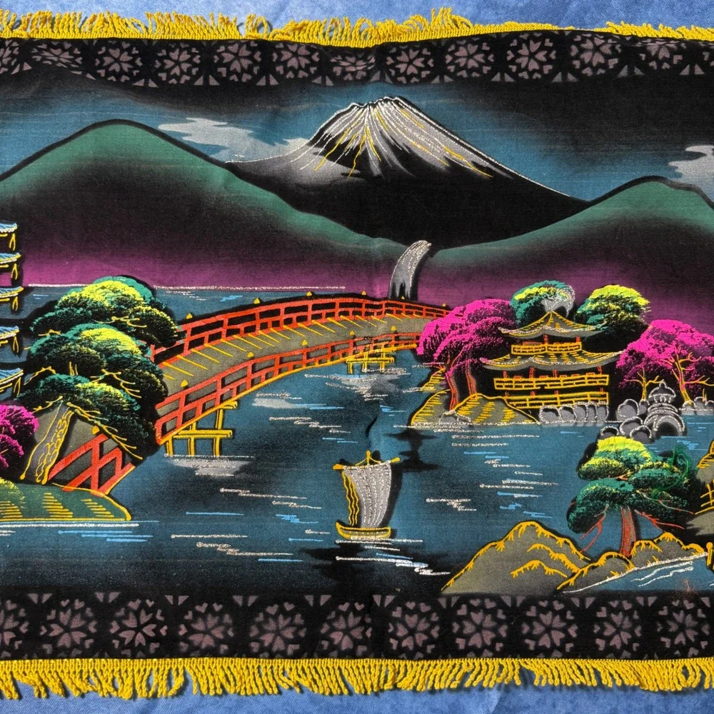 Vintage Japanese Velvet Wall Hanging Mount Fuji Pagoda Landscape Fringe 45x18